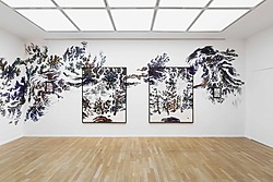 View of the exhibition Signs and Wonders by Abdelkader Benchamma. The artist's added painted branching emerging of his artworks on the wall.